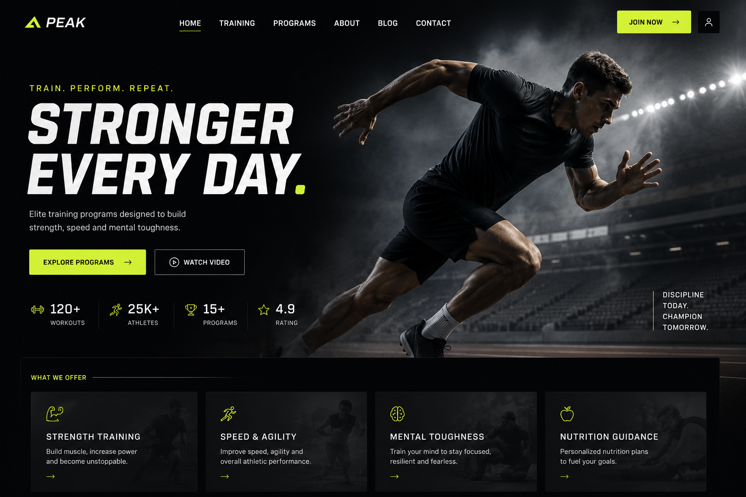 Peak fitness website made with Muse