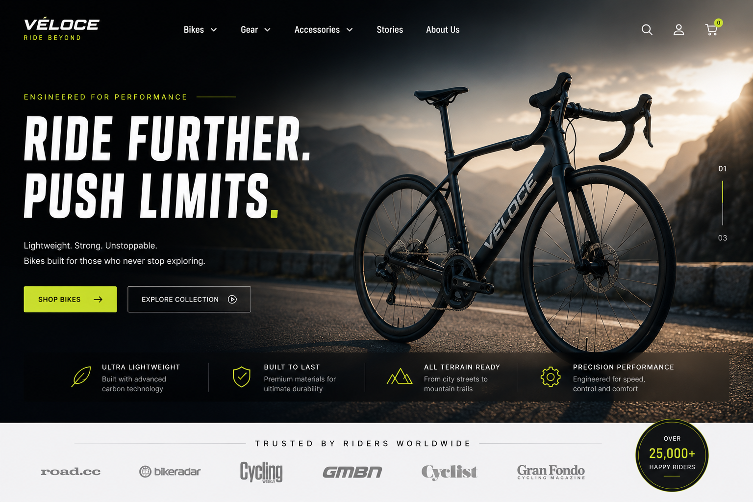Véloce commerce website made with Muse